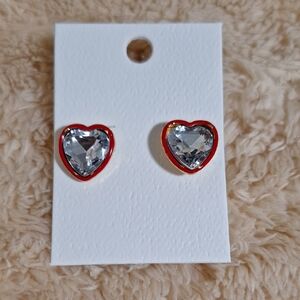 Heart-Shaped Silver and Red Stud Earrings